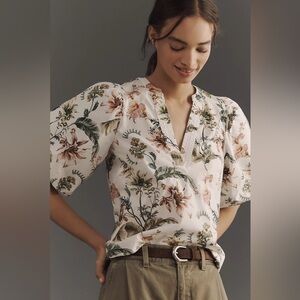 NWOT By Anthropologie V-Neck Puff-Sleeve Popover Blouse $108 XXS